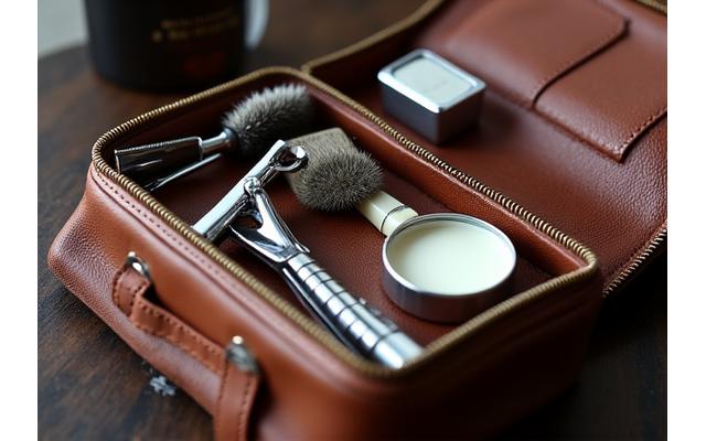 Open brown leather travel toiletry bag revealing miniature grooming essentials like razor, brush, and small bottles, neatly organized