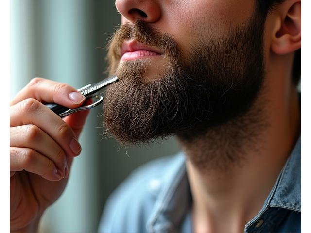 A well-groomed man meticulously trimming his beard with scissors and a comb, showcasing precision and care.