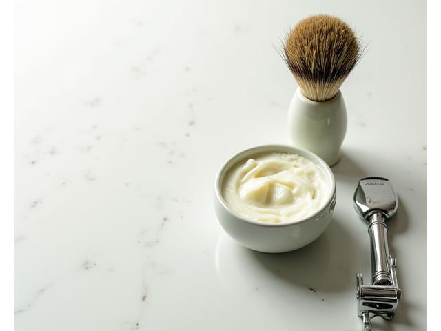 Close-up of a traditional safety razor, shaving brush, and bowl of rich lather, representing wet shaving essentials.