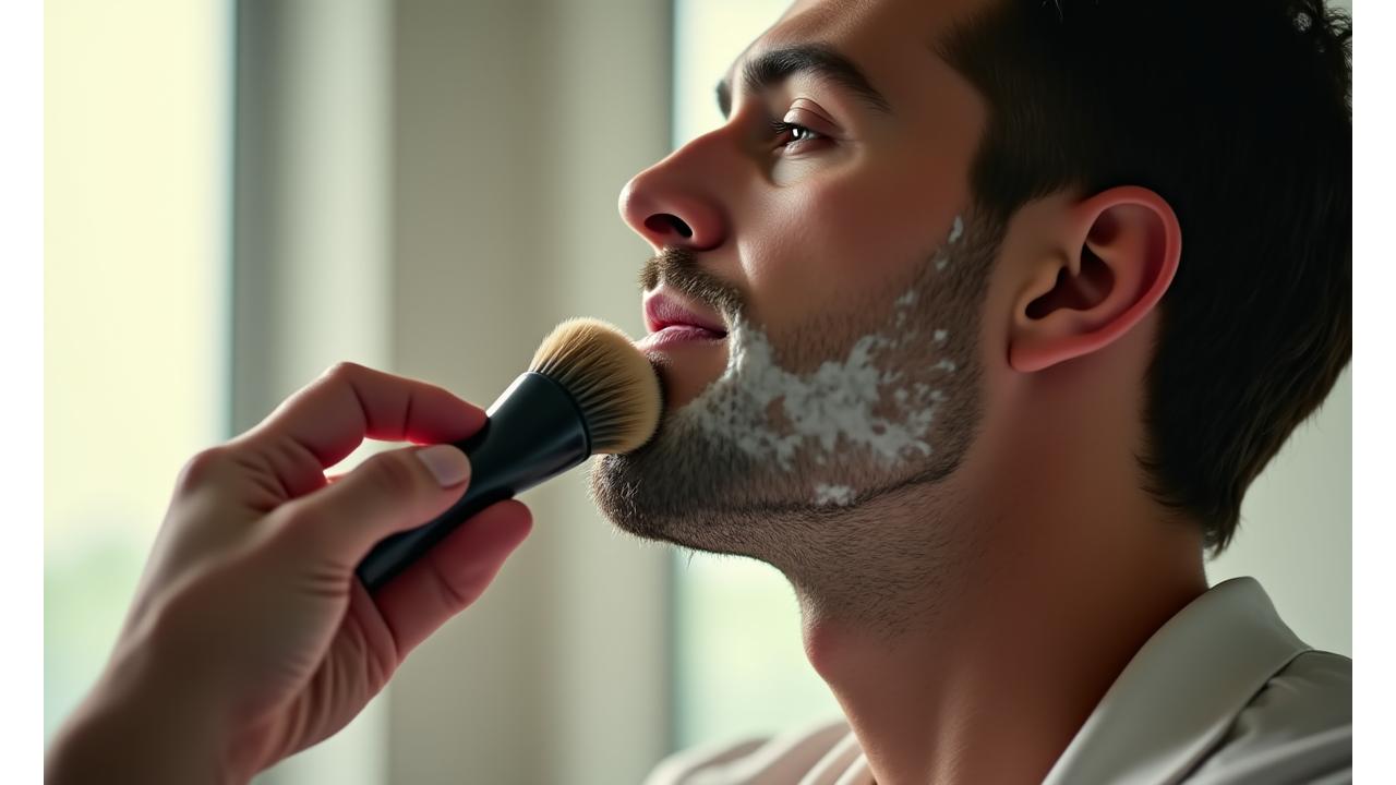 A detailed image of a hand applying lather to a face with a traditional shaving brush, emphasizing skill and precision.