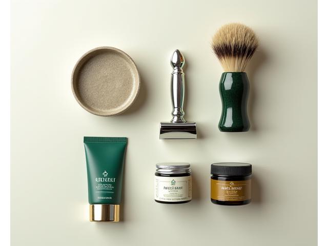 A beautifully arranged Quartz Quench starter kit featuring a classic safety razor, shaving brush, artisanal soap, and aftershave balm, all presented on a clean, elegant surface.