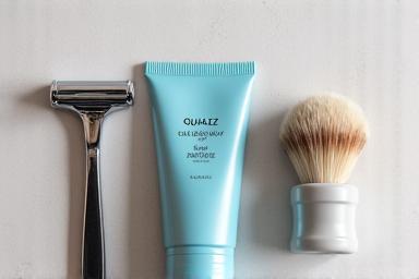 The Beginner's Ritual kit components, including a gentle safety razor, a small shaving brush, and a mild shaving cream, set against a light background.