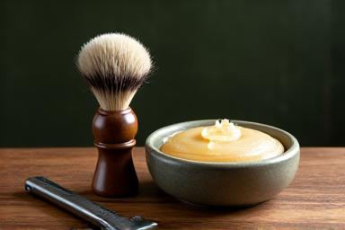 The Modern Gentleman kit, showcasing a slightly more aggressive safety razor, a badger hair shaving brush, and a sophisticated sandalwood shaving soap.