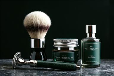 The Artisan's Collection kit, displaying a finely crafted, polished safety razor, a luxurious synthetic shaving brush, premium shaving cream, and high-end aftershave balm.