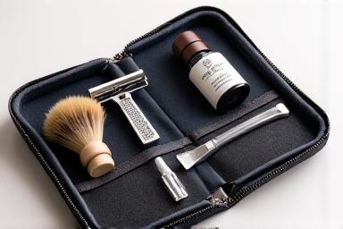 The Traveler's Companion kit featuring a compact travel safety razor, a small collapsible shaving brush, and travel-sized shaving cream, neatly packed into a sleek leather travel case.