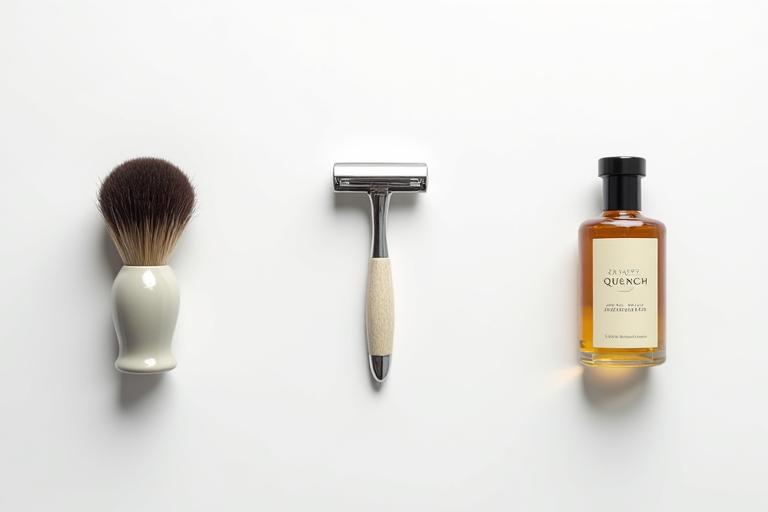 An infographic-style image detailing the various components of a Quartz Quench starter kit, with labels pointing to a safety razor, shaving brush, shaving soap, and aftershave balm in a clean, organized layout.