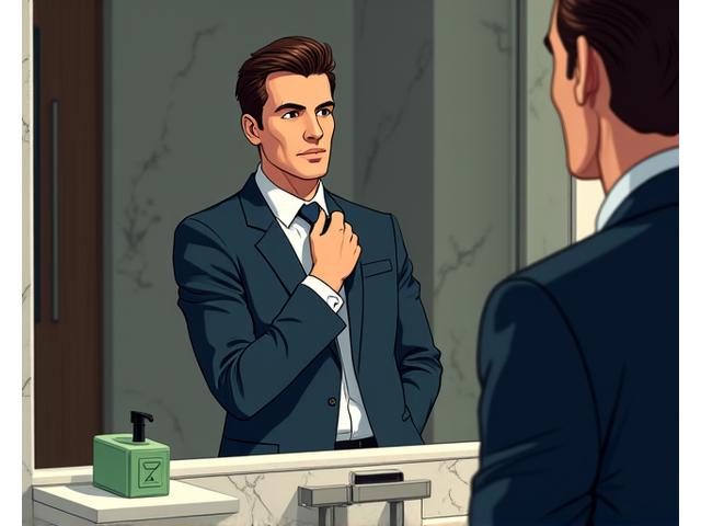Man in a business suit, looking fresh and confident, adjusting his tie in a hotel mirror while a Quartz Quench travel kit sits discreetly on the counter.