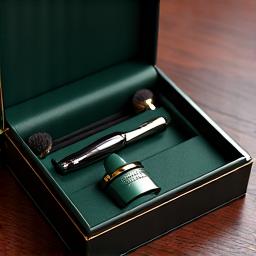 Elegant business travel kit, open to display a compact safety razor, a small shaving brush, and a miniature aftershave balm, all neatly organized.