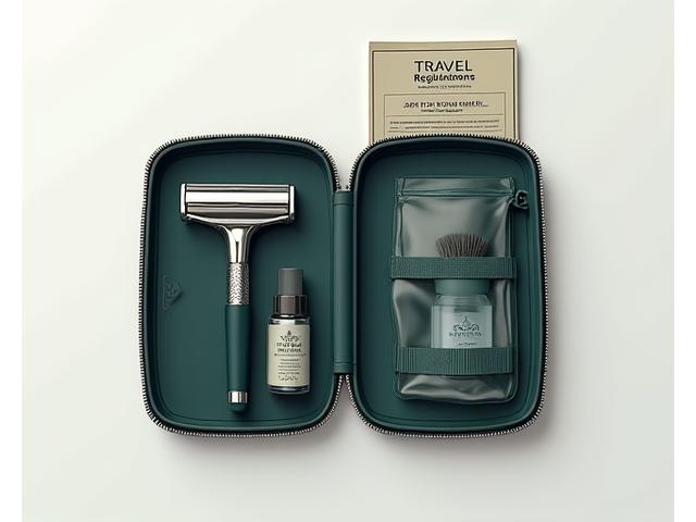 Close-up of a well-organized travel shaving kit with TSA-compliant razor and small liquid bottles, next to a TSA guidelines pamphlet.